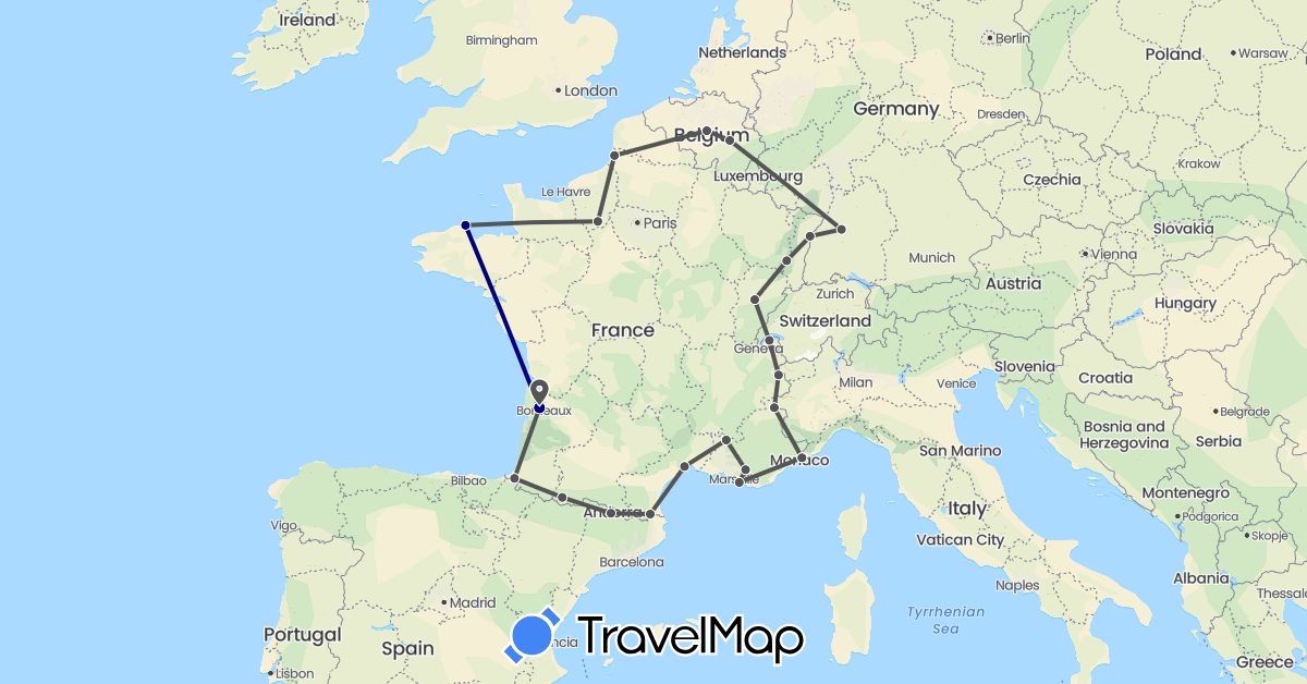 TravelMap itinerary: driving, motorbike in Andorra, Belgium, Germany, France (Europe)